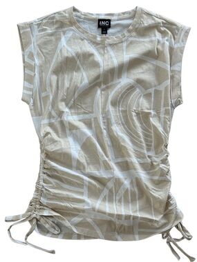INC International Concepts Beige & White Ruched Side Short Sleeve Tee